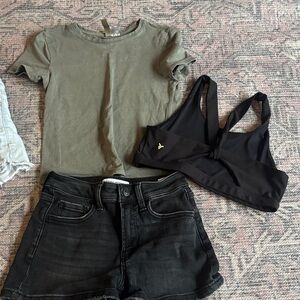 Flying Monkey shorts, Olive t and Black sports bra Kids Matching Set